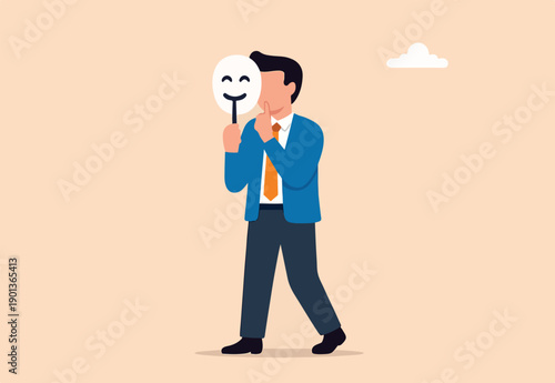 Dishonesty, lies or scam, fraud or fake hiding behind disguise mask, business cheating or suspicion false or fake news concept, dishonest businessman hiding behind disguise mask pretend to lying.