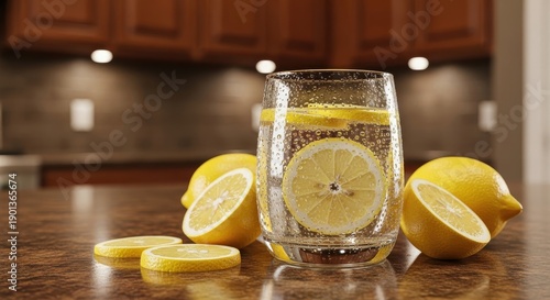 Refreshing glass of lemonade with lemon slices and water in a kitchen setting