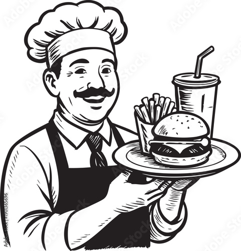 Happy chef serving a delicious burger with french fries and a soda drink