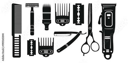 Professional barbershop tools vector set comb razors clipper scissors brush blades Essential hair cutting men s grooming