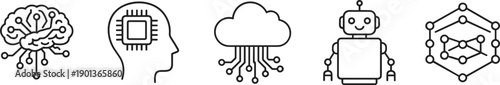 Artificial intelligence technology icon set with brain, cloud, robot and neural network symbols in line style