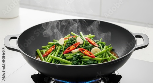 Stir-fried water spinach with garlic and chili being cooked in a wok with steam rising