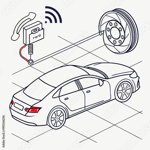 Smart automotive brake-by-wire technology visualization, abstract lines representing electronic control and safety innovation.