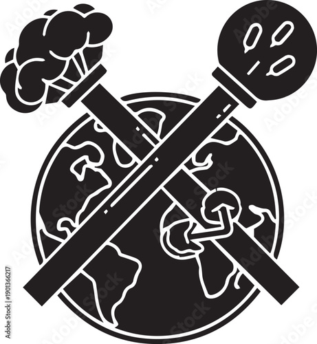 Planet earth globe with crossed torches vector illustration silhouette and outline