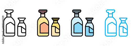 Set of five empty glass bottles with cork stoppers minimal flat design vector illustration