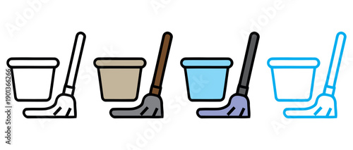 Set of five winter snow shovels with colorful plastic scoops isolated on white background