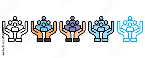 Five diverse business professionals raising hands in teamwork success celebration flat design