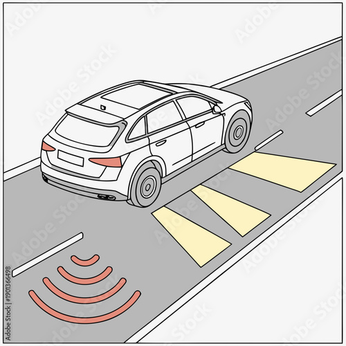 Smart automotive road wear detection technology, clean schematic vector illustration for vehicle maintenance and safety systems.
