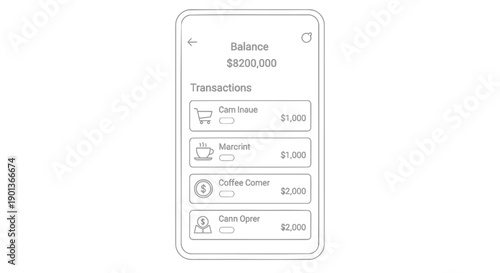 Vector mobile banking app interface with transaction history, balance and icons, for mockup or website design, Isolated on transparent background, png