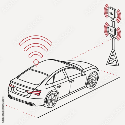 Smart vehicle multi-sensor data fusion concept for enhanced perception and decision making. Minimalist vector graphic.