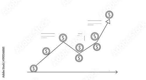 Vector financial growth chart with dollar signs and upward trend arrow, for business or marketing presentation
