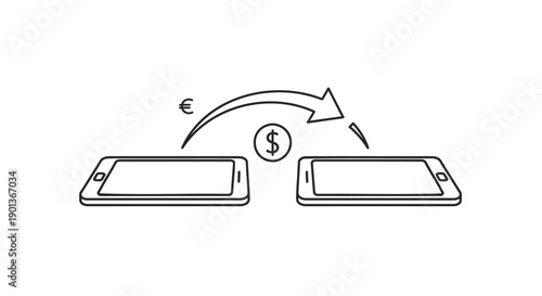 Vector illustration of mobile phone money transfer, euro to dollar exchange, online payment concept, financial transaction, Isolated on transparent background, png