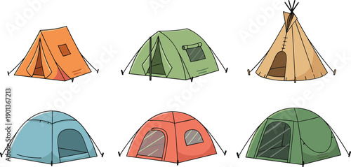 Camping tent set in flat style with colorful outdoor shelter designs for hiking, travel and adventure projects