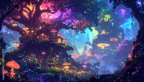 Colorful Enchanted Forest with Glowing Path and Trees