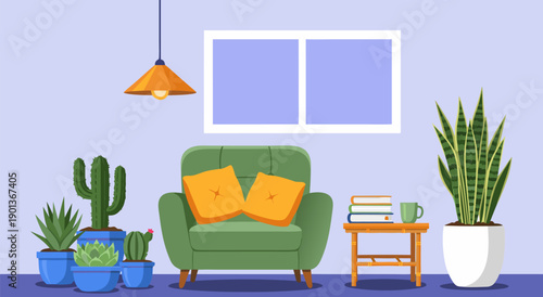 Cozy Living Room with Plants and Furniture - Vector Illustration for Interior Design