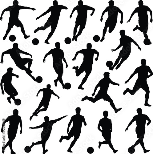 Silhouette set of soccer players dribbling and running with ball, football sport action and dynamic movement concept isolated on white background