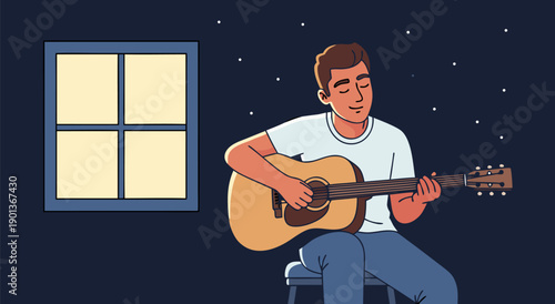 Peaceful night scene vector illustration of a man playing guitar by the window with starry sky