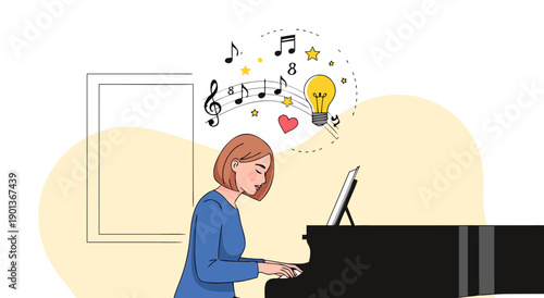 Creative Musical Idea Illustration A Woman Composing at a Grand Piano, Vector Art for Inspiration