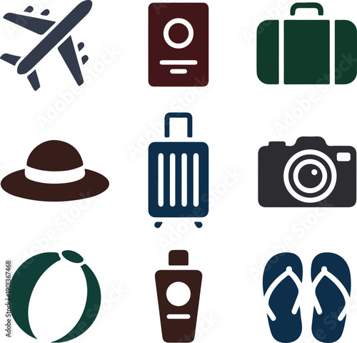 Travel Icons Set: Airplane, Suitcase, Passport, Camera, Hat, Beach Ball, Sunscreen, Flip Flops