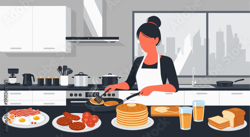 Vector illustration of a woman preparing a delicious breakfast in a modern kitchen, pancakes and food on the table