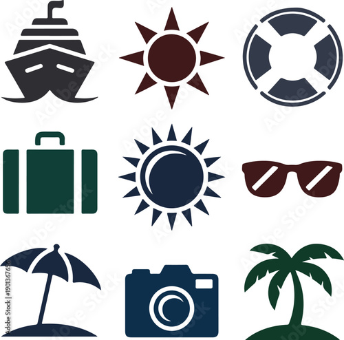 Summer Icons: Life Buoy, Sunglasses, Palm Tree, Sun, Camera, Mug, Umbrella, Light