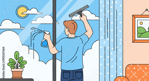 Vector illustration of a person cleaning a window with a spray bottle and squeegee, bright and sunny day
