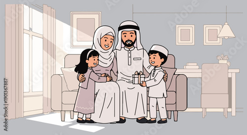 Happy Arabian Muslim family sharing a thoughtful gift exchange moment while sitting together inside their brightly lit living room on transparent background