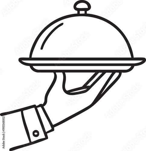 Simple line art illustration of a human hand wearing a suit cuff holding a silver platter with a domed lid