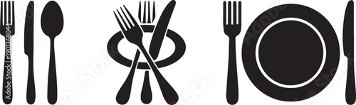 Flat tableware icons set fork, knife, spoon and plate vector for food and dining. Tableware set flat style