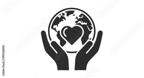 Hands holding the Earth with a heart at its center, symbolizing care and love for the planet.
