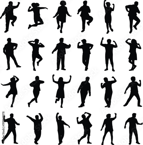 Silhouette set of people dancing and moving in energetic poses, dynamic celebration and expressive body movement concept isolated on white background