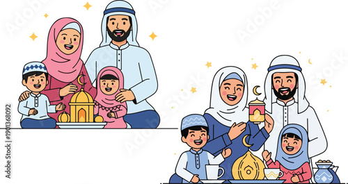 Illustrated scene featuring a happy Muslim family wearing traditional attire celebrating a joyous religious holiday moment on transparent background