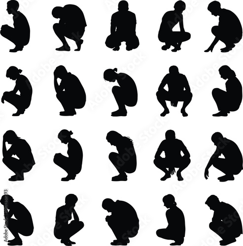 Silhouette set of people squatting and crouching in different poses, human body posture and movement study concept isolated on white background
