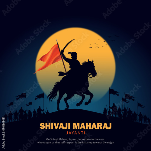 Shivaji Maharaj Jayanti Vector Illustration of Warrior on Horseback with Saffron Flag and Moon Background