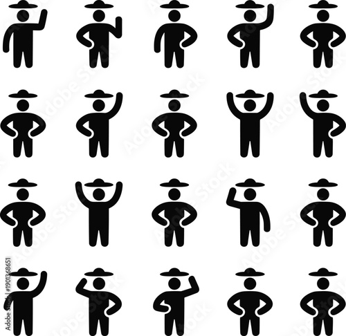 Silhouette icon set of people wearing hats in different poses, human pictogram collection isolated on white background representing gestures, characters, and minimal design