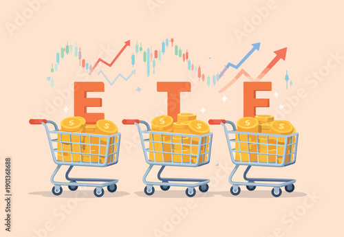 ETF, Exchange Traded Funds realtime mutual funds that tracking investment index trading in stock market concept, shopping carts or trolley full Dollar money coins with alphabet combine the word ETF