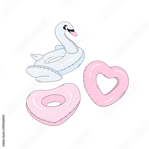 Cute Pastel Pool Float Inflatable Vector Illustration with Swan Ring and Heart Shaped Float Soft Clipart for Vacation and Summer Pool Wedding Hen Party Designs