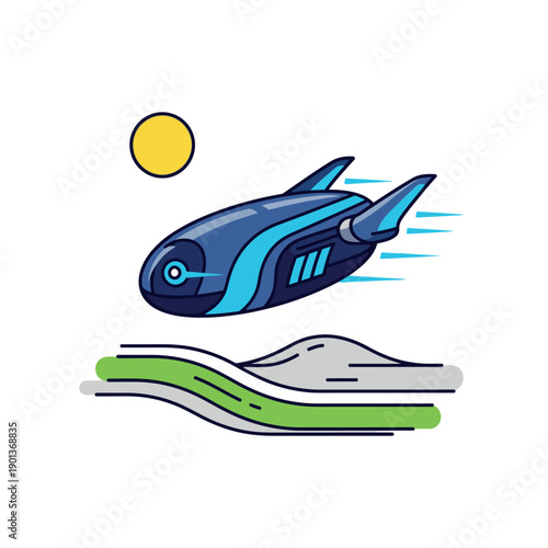 Futuristic submarine speeding underwater with sunlight above.