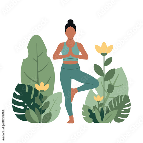 Woman practicing yoga in a serene natural setting with tropical plants.