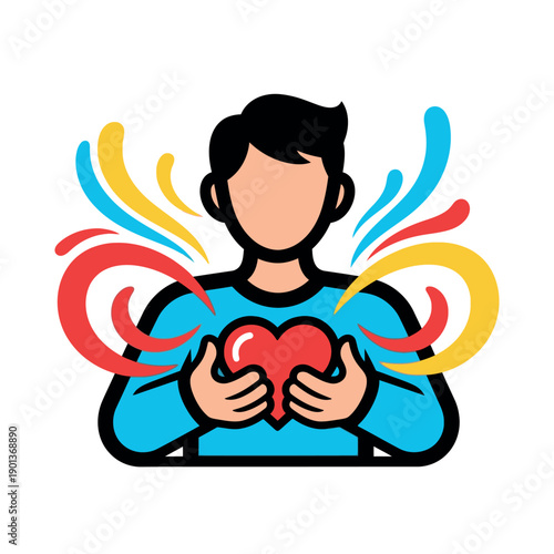 Man holding a heart with colorful energy emanating.