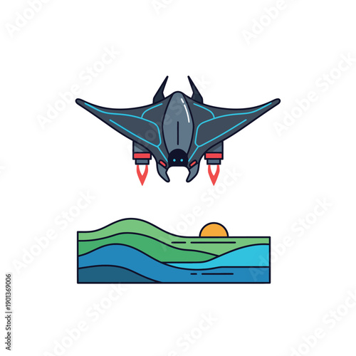 Futuristic Stealth Aircraft Flying Over Landscape with Water and Sun.