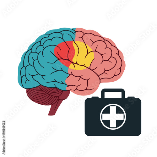 Illustration of Human Brain with Medical Kit Emphasizing Neurology and Healthcare.