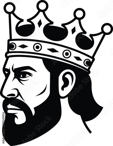 Silhouette illustration of crowned king head profile, royal leadership and medieval monarchy symbol isolated on white background representing power, authority, heritage, and nobility