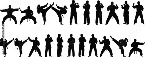 Martial arts black silhouette set, karate and taekwondo fighters in different poses, combat sport action vector illustration isolated on white background.