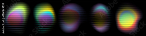 Color gradient circle backgrounds and abstract neon light shapes with color gradation. Vecto neon color blend mesh on black with holographic dynamic flow and chromatic radiant glow