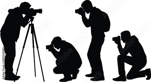 Silhouette of professional photographers taking photos with cameras, creative photography and media coverage concept isolated on white background showing journalism, art, and visual storytelling
