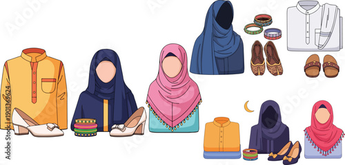 Collection of traditional muslim clothing and accessories including hijabs abayas kurtas and various footwear items on transparent background