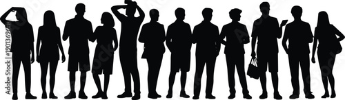 Silhouette of diverse people standing in a row together, modern society and social diversity concept isolated on white background representing community, lifestyle, unity, and individuality