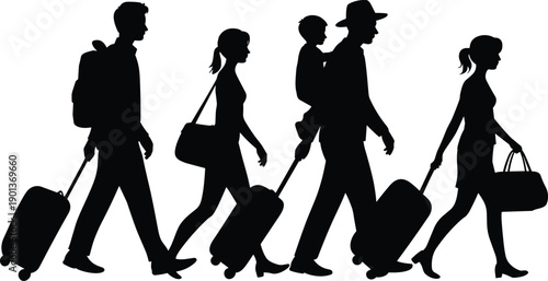 Silhouette of family and travelers walking with luggage, modern tourism and journey lifestyle concept isolated on white background showing mobility, vacation, business travel, and transport