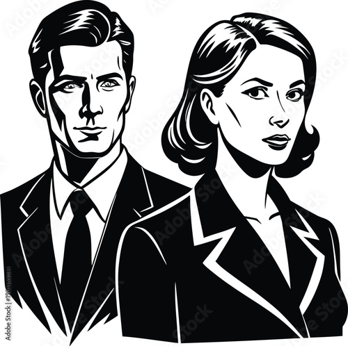 Professional couple dressed in classic business attire posing side by side